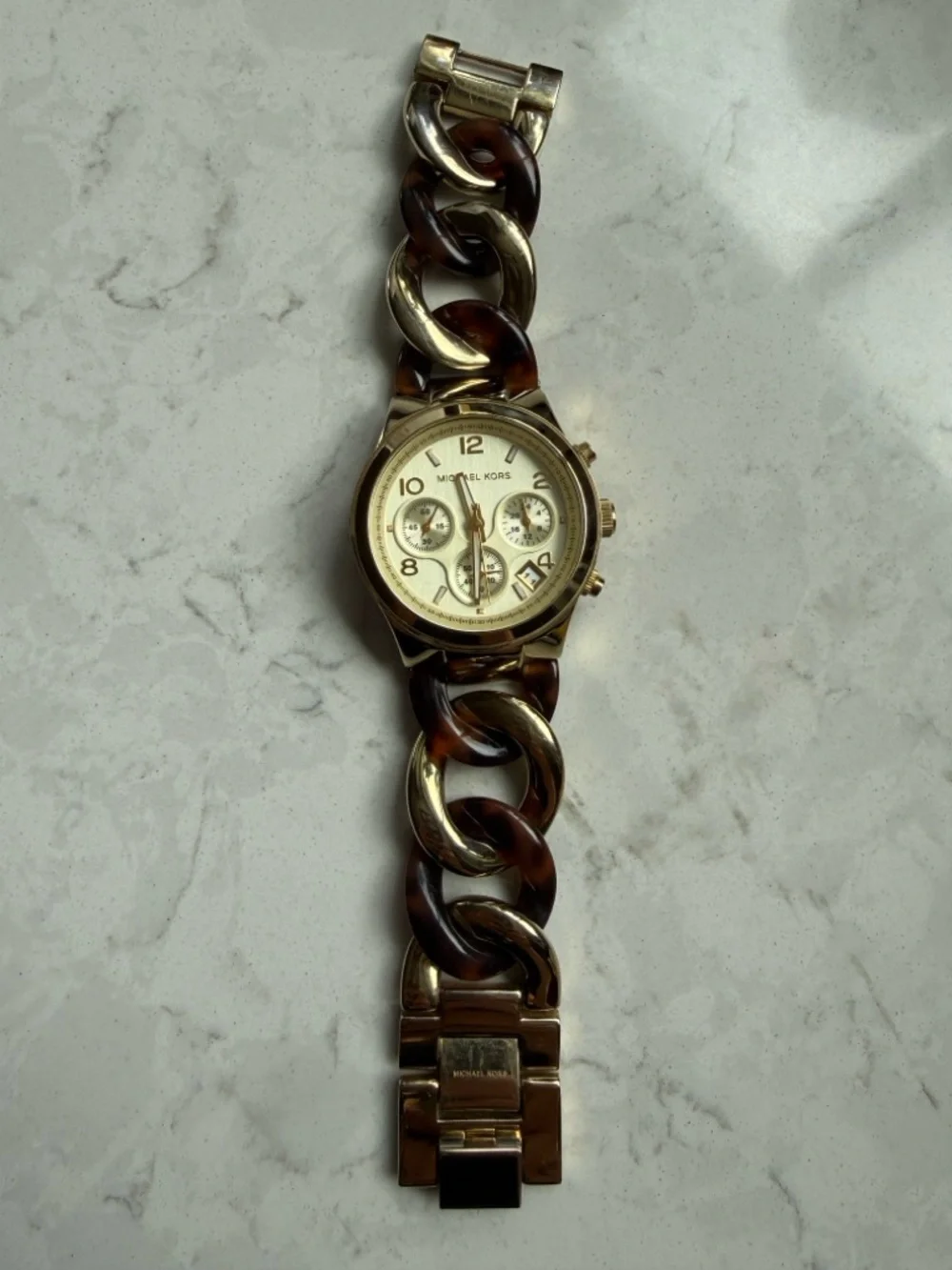 Michael Kors Gold and Brown Tortoiseshell Link Bracelet Chronograph Watch - Picture 3 of 4